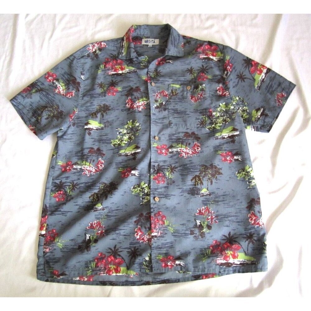 Men's UZZI Polyester Hawaiian Floral Button Short Sleeve Shirt Sz L (MT429)
